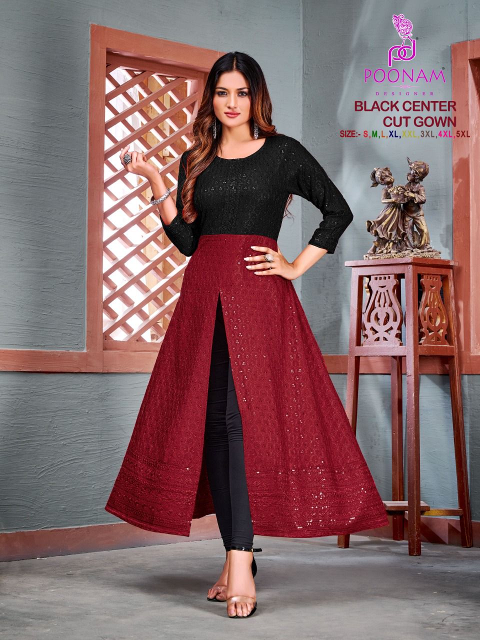 Poonam Black Center cut Gown Wholesale Designer Collection